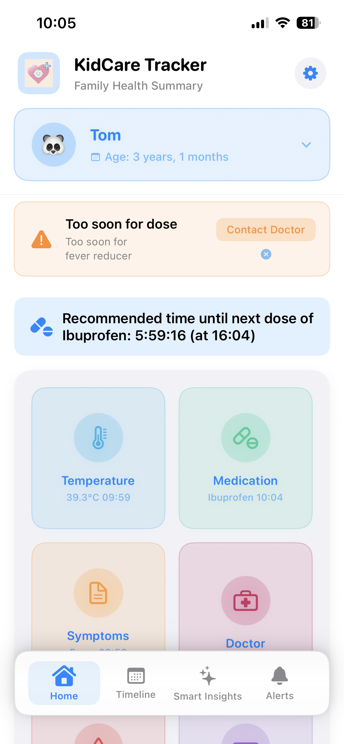 KidCare Tracker app showing medication log with paracetamol and ibuprofen